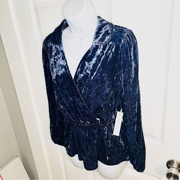 Modcloth Peak of Chic Crushed Velvet Top Faux Wrap Puff Sleeve Blue S - Picture 8 of 11